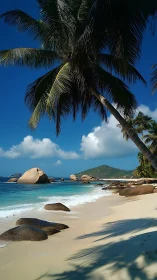 Tropical Seychelles Beach with Palm Trees, Turquoise Waters, Granite Boulders