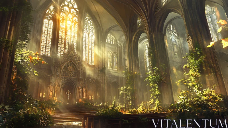 Sunlit gothic nave overgrown with luminous verdant foliage.