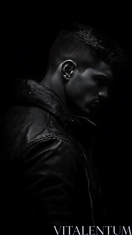 Side profile of man in leather jacket on dark background.