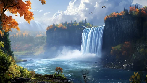 Autumn canyon waterfall cascades into misty basin under stratiform clouds