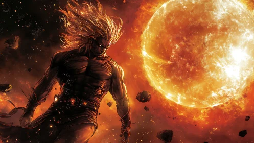 Solar-forged warrior drifting beside burning star sphere.