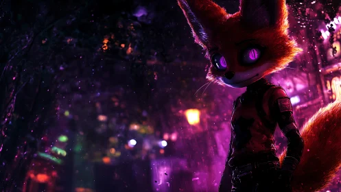 Cybernetic fox sentinel in neon-soaked nocturnal alleyway.