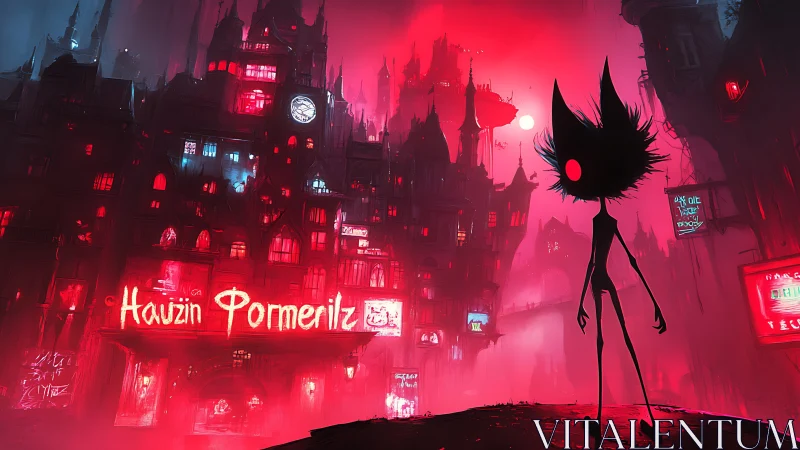 Neon gothic megastructure with silhouetted feline observer.