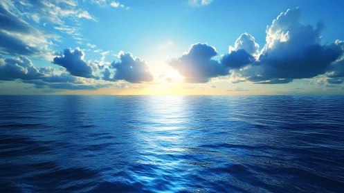 Photorealistic seascape horizon with luminous sunset lighting.