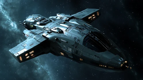 Armored deep-space gunship rendered in cinematic 3D detail
