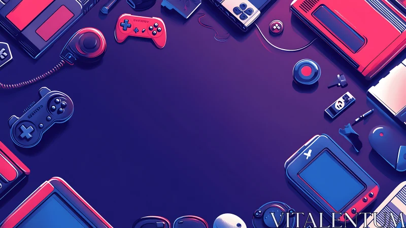 Isometric retro gaming controllers in neon duotone ring layout.