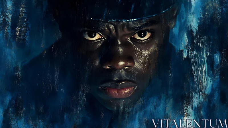 Intense wet portrait isolates face through textured blue smear