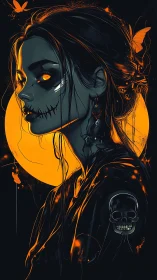 Haunting neon-eyed woman glows beneath a blood moon.