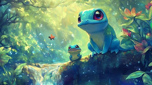 Bioluminescent blue frogs on mossy log above forest cascade