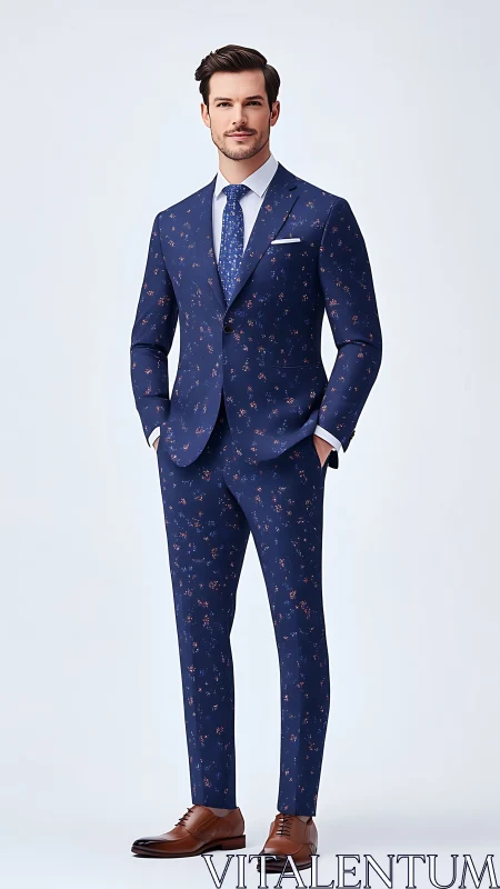 Male model wearing navy floral suit with patterned tie.