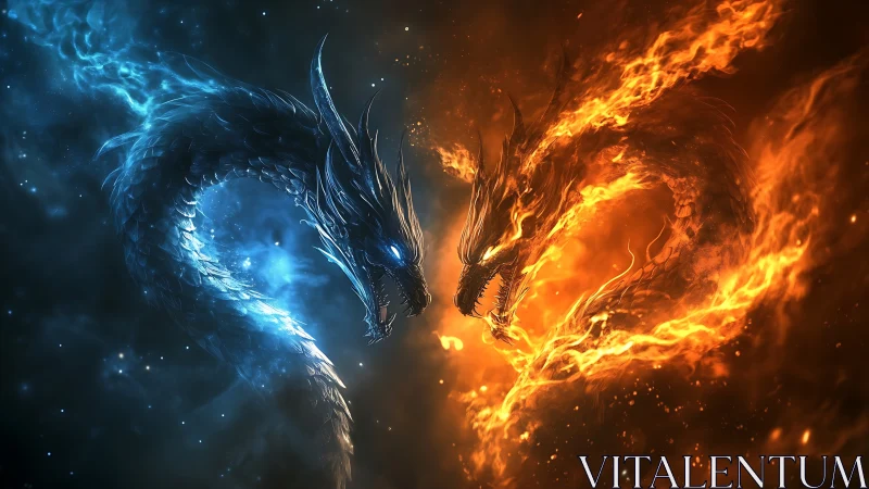 Opposed elemental dragon forms occupy mirrored spatial arcs