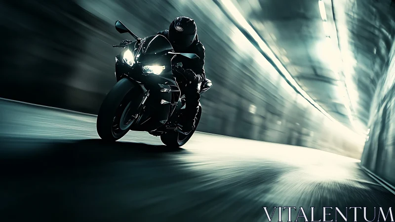 Midnight rider leans into speed and light in a glowing tunnel