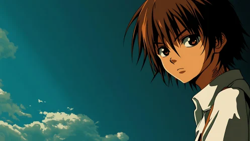 Side profile of anime boy against deep teal sky background.