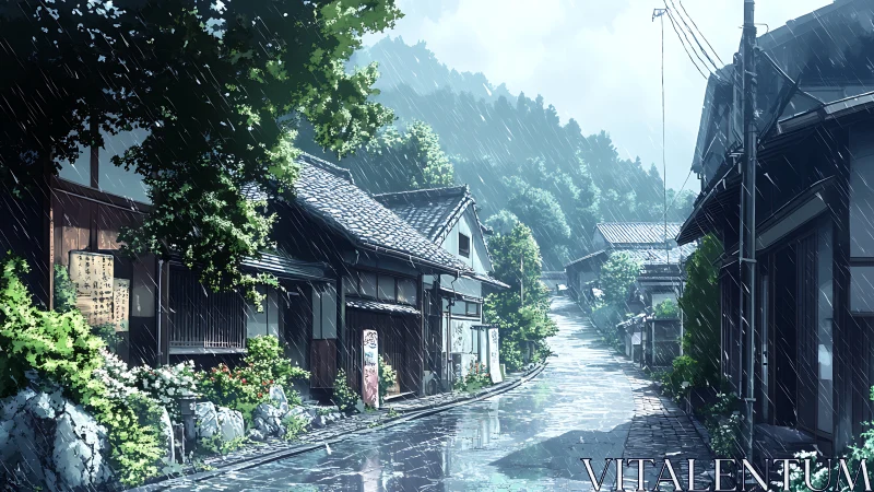 Rain-soaked Japanese village street rendered in detailed anime art