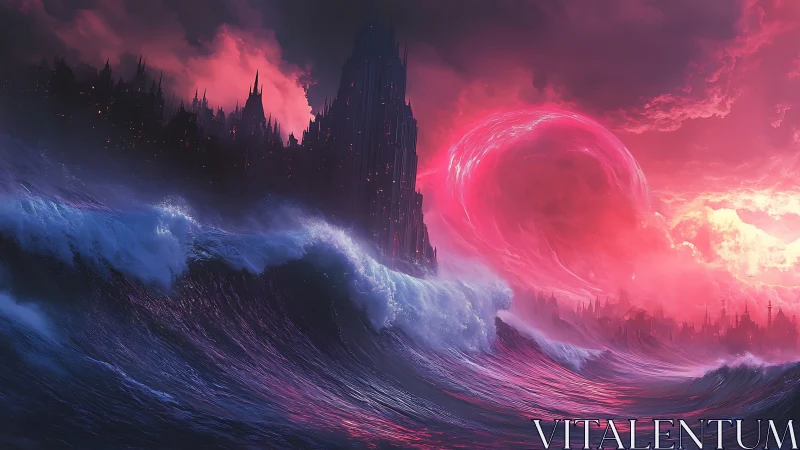 Crimson sky and stormy sea embracing a twilight city.