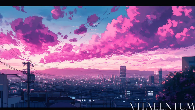 Urban skyline under magenta sunset cloud formations.