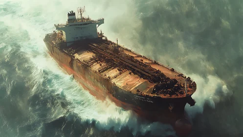 Rust crowned tanker carving wild teal tempests at dusk.