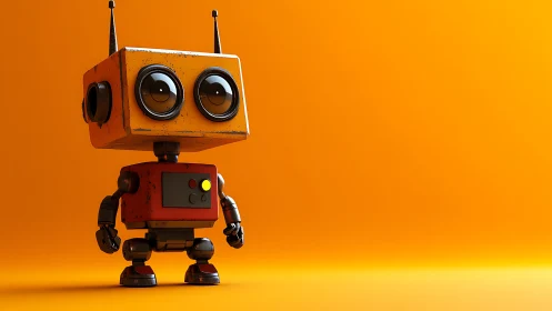 Cheerful orange robot buddy with big curious eyes.