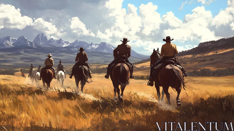 Cowboys on horseback crossing open mountain grassland.