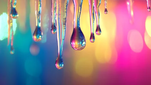 Colorful liquid droplets suspended against blurred lights.
