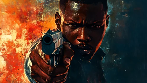 Gunmetal stare pins the viewer in a storm of burning paint