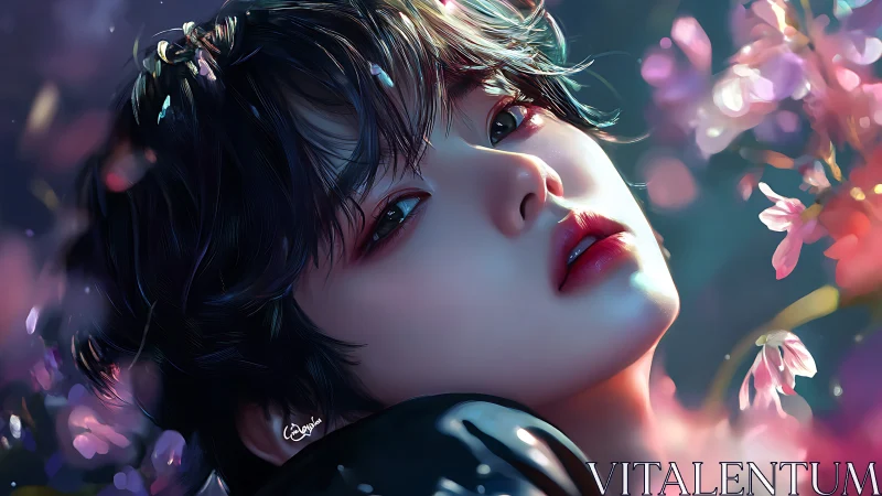 Chromatic close-up portrait amid defocused floral bokeh field.