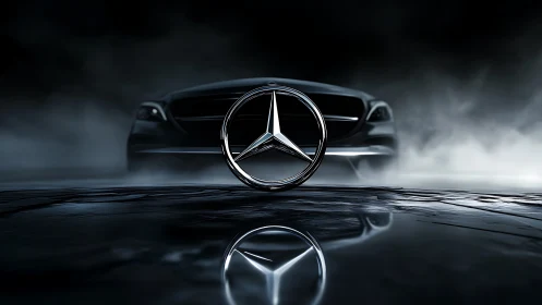 Chrome car emblem dominates moody fog-lit automotive scene.