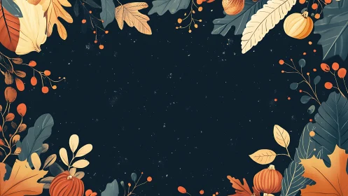 Autumn leaves and pumpkins frame on dark night sky background.