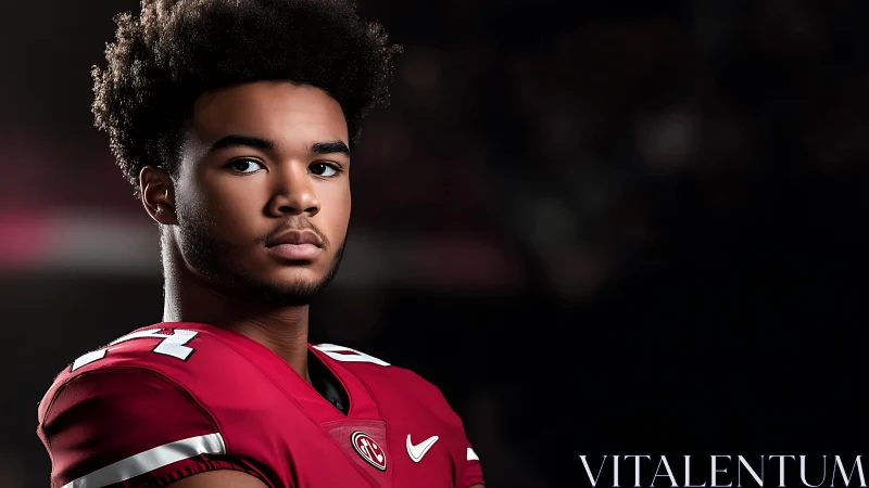 Focused young football player in red jersey portrait.