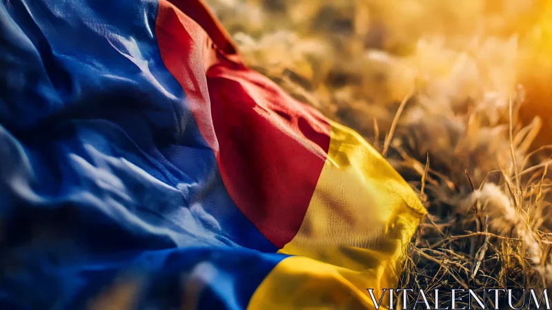 Tricolor national flag lying in dry grass at sunset.