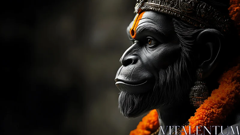 3D regal simian deity portrait with dramatic rim lighting.