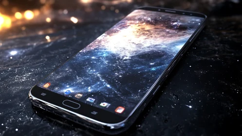 Smartphone on reflective surface with space-themed display.
