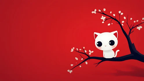 Sweet White Kitten Perched Among Cherry Blossoms.