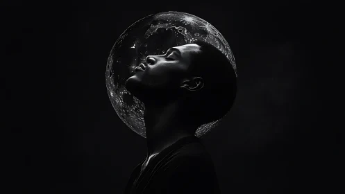 Silhouetted profile merges with lunar halo in deep shadow.