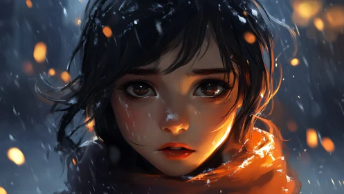 Girl&rsquo;s face illuminated by warm light in falling snow