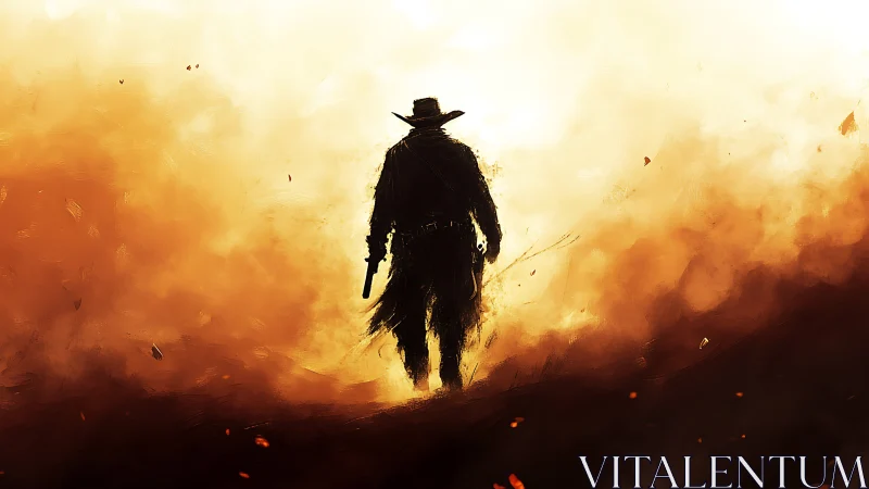 Lone gunslinger silhouette crossing burning frontier.