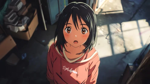 Sunlit anime girl gazes upward with gentle surprise and wonder