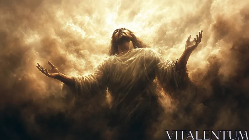 Radiant figure rising through clouds of golden light.