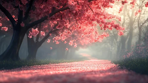 Sunlit cherry blossom path inviting a quiet wanderer.