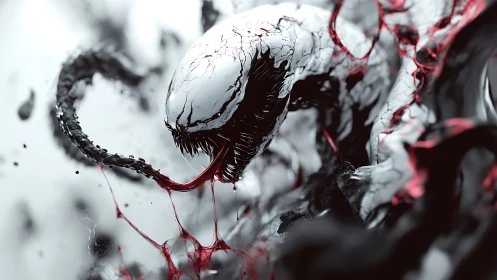 Liquid predator unfurls in a storm of black and crimson.