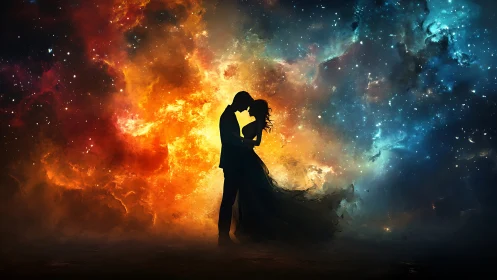 Silhouetted Couple Embraced Against Cosmic Nebula Explosion.