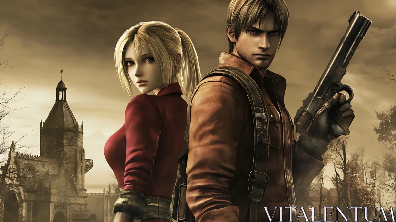 Armed anime duo stand back to back in sepia survival scene