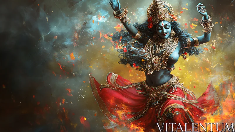 Hindu goddess figure in dynamic dance amid fire and smoke.