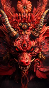 Digital render depicts symmetrical ornate red dragon mask