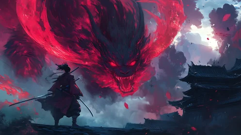 Samurai confronts colossal crimson demon amid burning sky.
