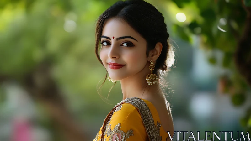 Elegant woman in yellow saree under soft garden light