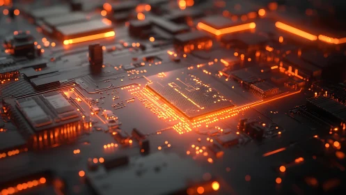 Glowing orange microchip array on futuristic circuitboard.