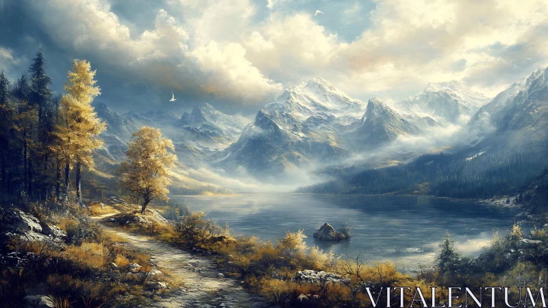 Golden mountain lake glows beneath drifting stormlit clouds