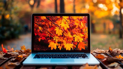 Laptop screen mirrors vivid autumn foliage in soft bokeh park