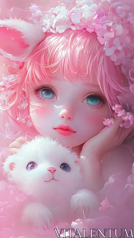 Pastel anime girl with lamb in dreamy pink bloomscape.